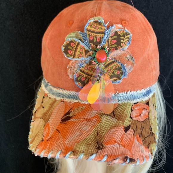 Embellished Orange Cap with Floral Accent - Picture 6 of 8